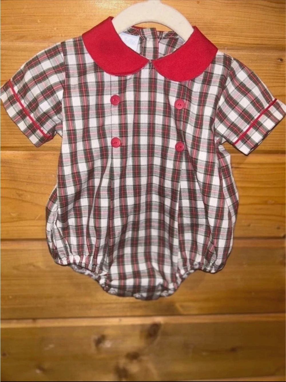 Petit Bebe Plaid Baby One-Piece Bodysuit with Red Peter Pan Collar